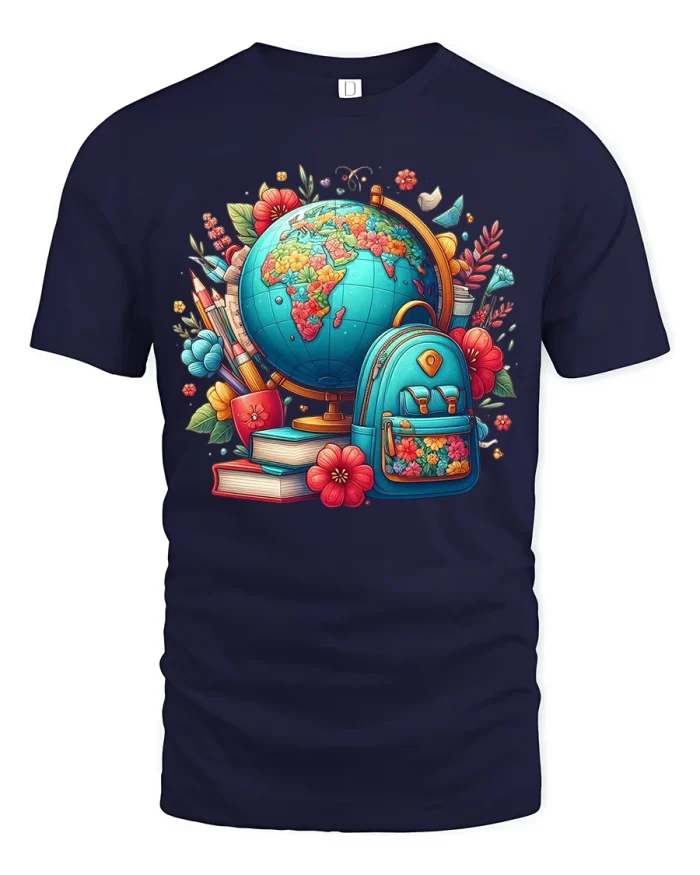 Colorful World Travel School Illustration Tshirt Creative Learning Vibes - navy t-shirt on white background