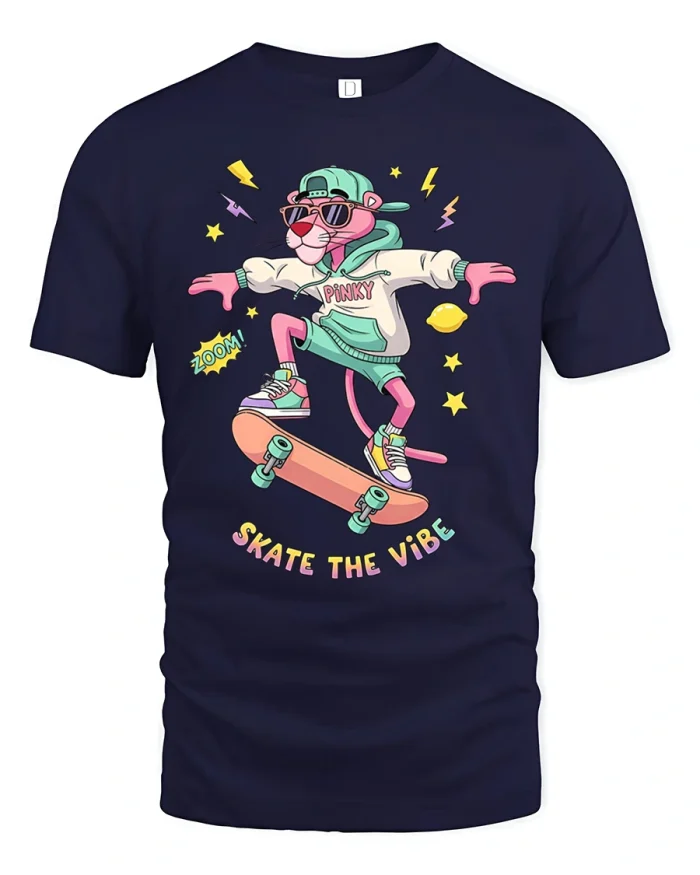 Skate The Vibe Pink Panther Style Skater Cartoon Tshirt Fun - navy t-shirt on white background