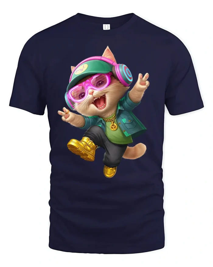Cool Dancing Cat DJ Tshirt Funny Street Style Party Energy - navy t-shirt on white background
