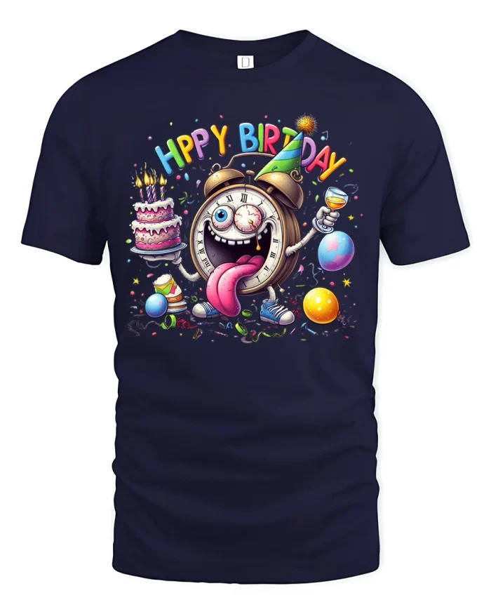Funny Happy Birthday Clock Cartoon Tshirt Colorful Party Chaos - navy t-shirt on white background