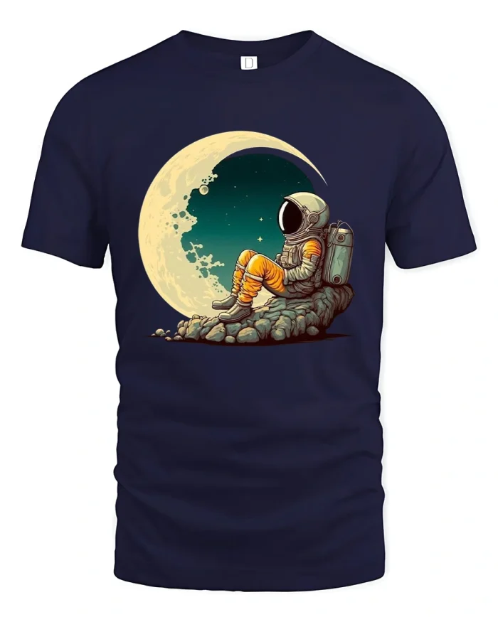 Lonely Astronaut Moon Art Tshirt Dreamy Space Night Mood - navy t-shirt on white background