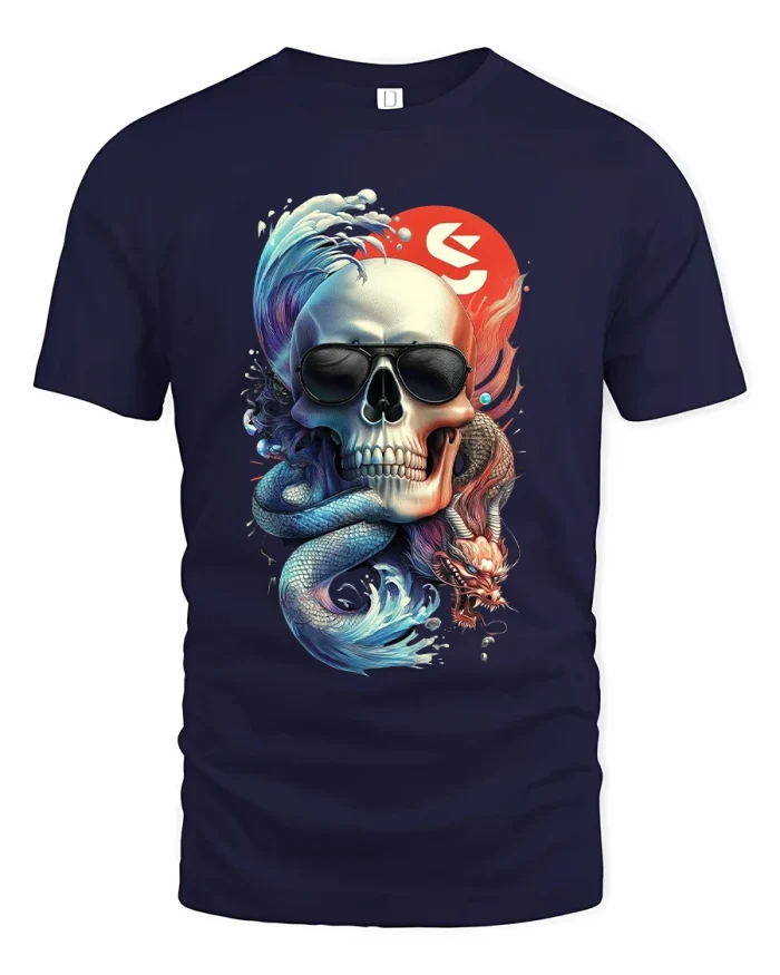Skull Dragon Yin Yang Art Tshirt Bold Mythic Street Energy - navy t-shirt on white background