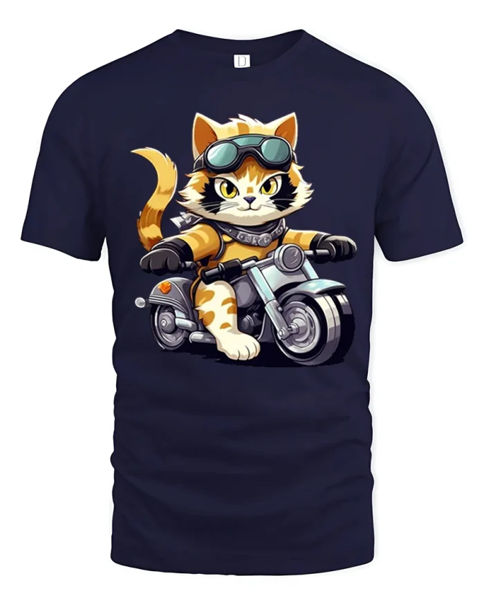 Cool Biker Cat Riding Motorcycle Tshirt Cute Rebel Cartoon Art - navy t-shirt on white background