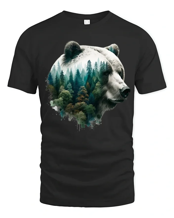 Majestic Bear Forest Double Exposure Art Tee With Nature Spirit - black t-shirt on white background
