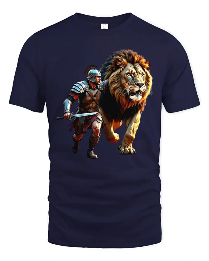 Legendary Warrior And Lion Strength Art Tee With Fearless Power - navy t-shirt on white background