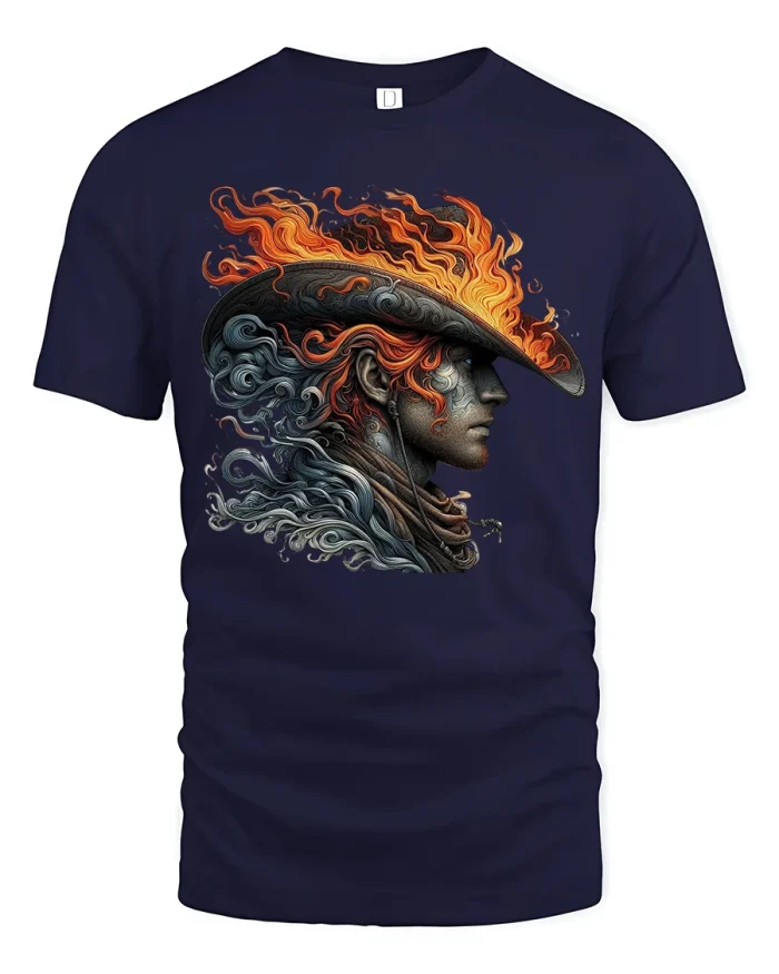 Flaming Cowboy Portrait Art Tee With Wild Western Spirit - navy t-shirt on white background