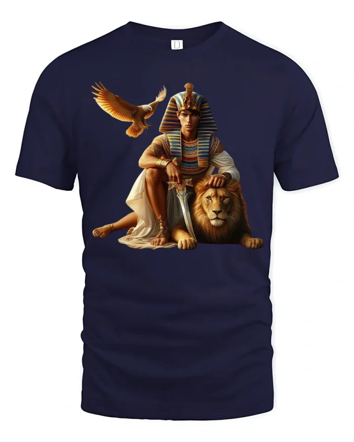 Ancient Pharaoh Lion Guardian Art Tee With Powerful Royal Spirit - navy t-shirt on white background