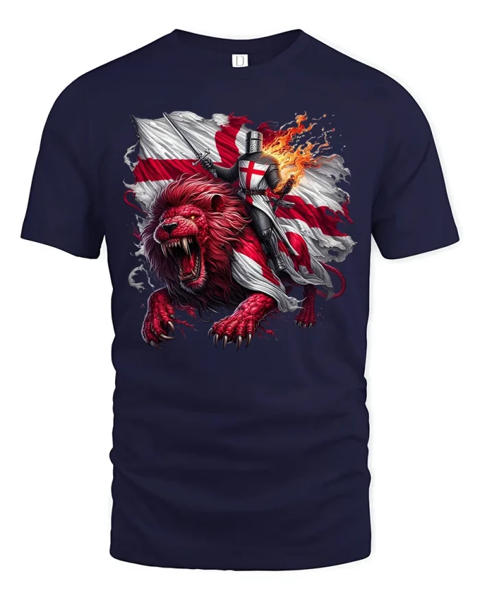 Knight Riding Lion Fantasy Warrior Art T Shirt With Medieval Power - navy t-shirt on white background