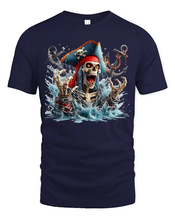 Pirate Skeleton Rising From Sea Epic Fantasy Skull Graphic T Shirt - navy t-shirt on white background