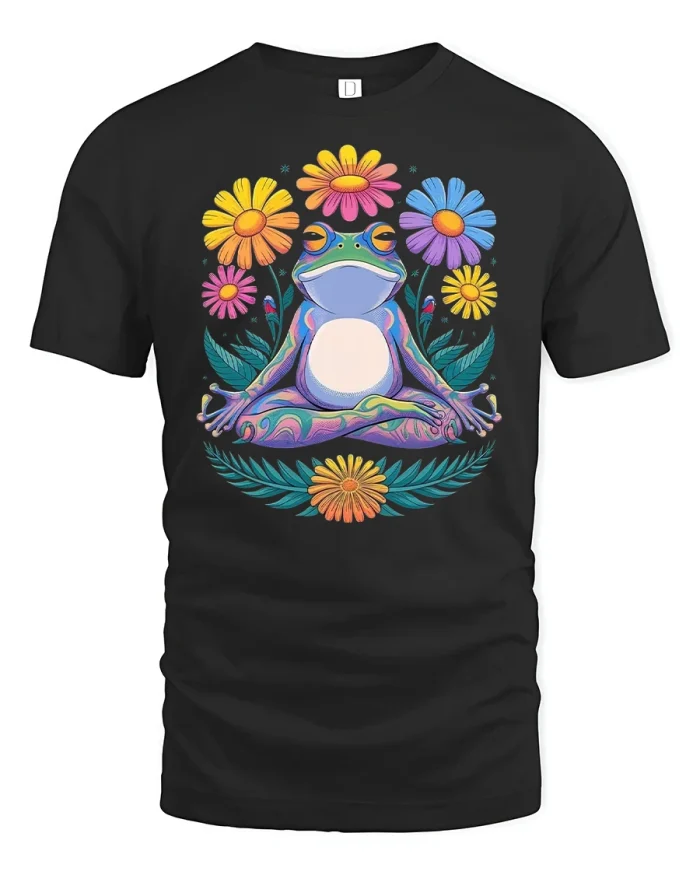 Psychedelic Meditating Frog Colorful Flower Graphic TShirt Tee - black t-shirt on white background