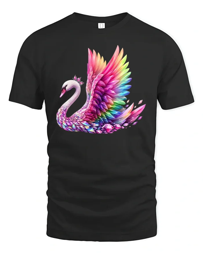 Crystal Rainbow Swan Elegant Colorful Wings Graphic TShirt Tee - black t-shirt on white background
