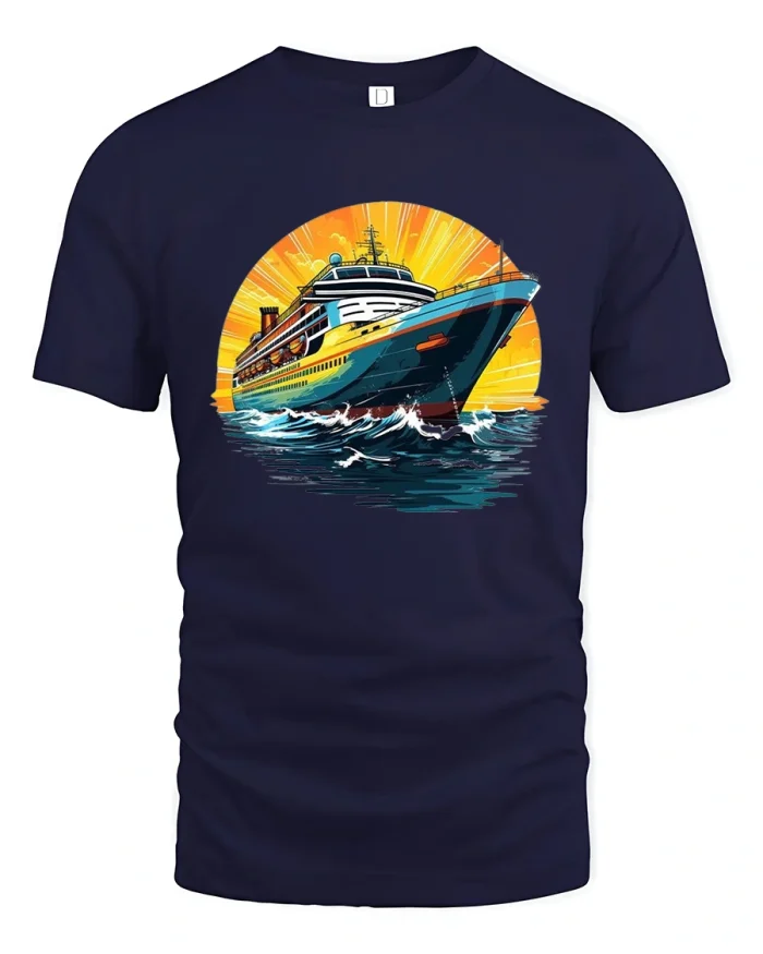 Epic Cruise Ship Sunset Adventure Bold Ocean Graphic TShirt Tee - navy t-shirt on white background