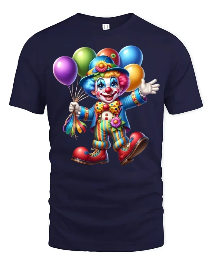 Colorful Happy Clown Balloons Fun Cartoon Graphic TShirt Tee - navy t-shirt on white background