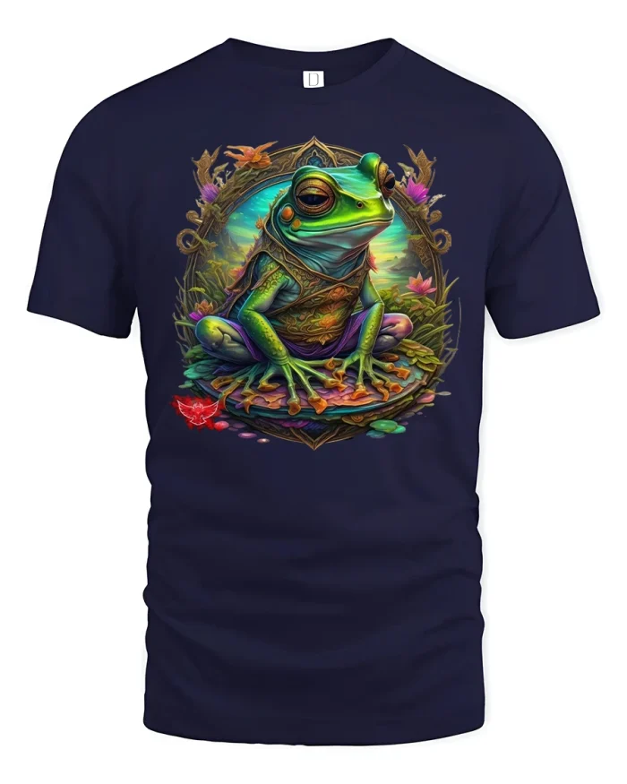 Mystic Warrior Frog Colorful Fantasy Nature Art Graphic TShirt Tee - navy t-shirt on white background