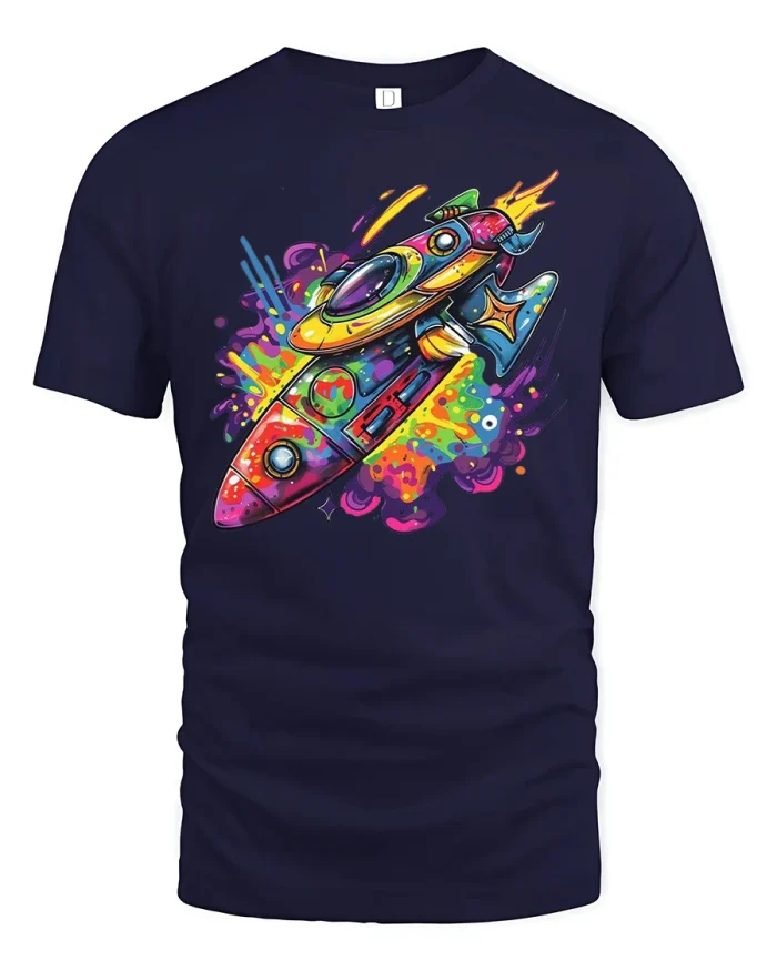 Colorful Space Rocket Blast Vibrant Cosmic Art Graphic TShirt Tee - navy t-shirt on white background