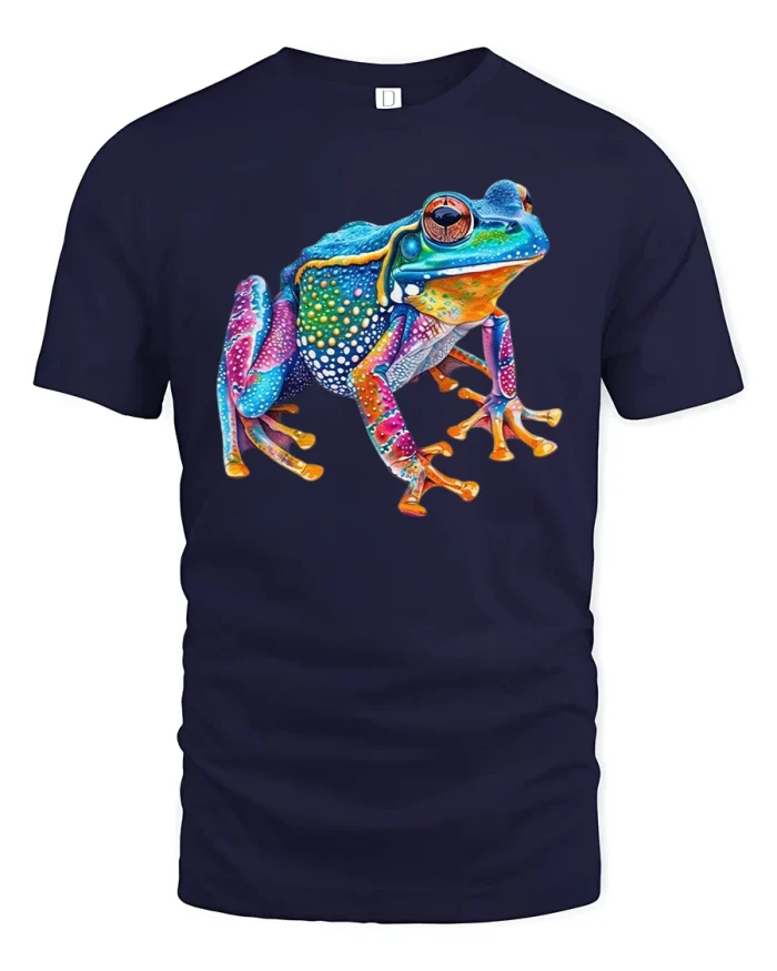 Vibrant Rainbow Frog Color Splash Bold Nature Art Graphic TShirt Tee - navy t-shirt on white background