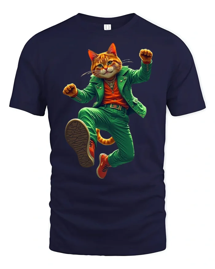 Cool Jumping Cat Stylish Green Outfit Fun Action Graphic TShirt Tee - navy t-shirt on white background