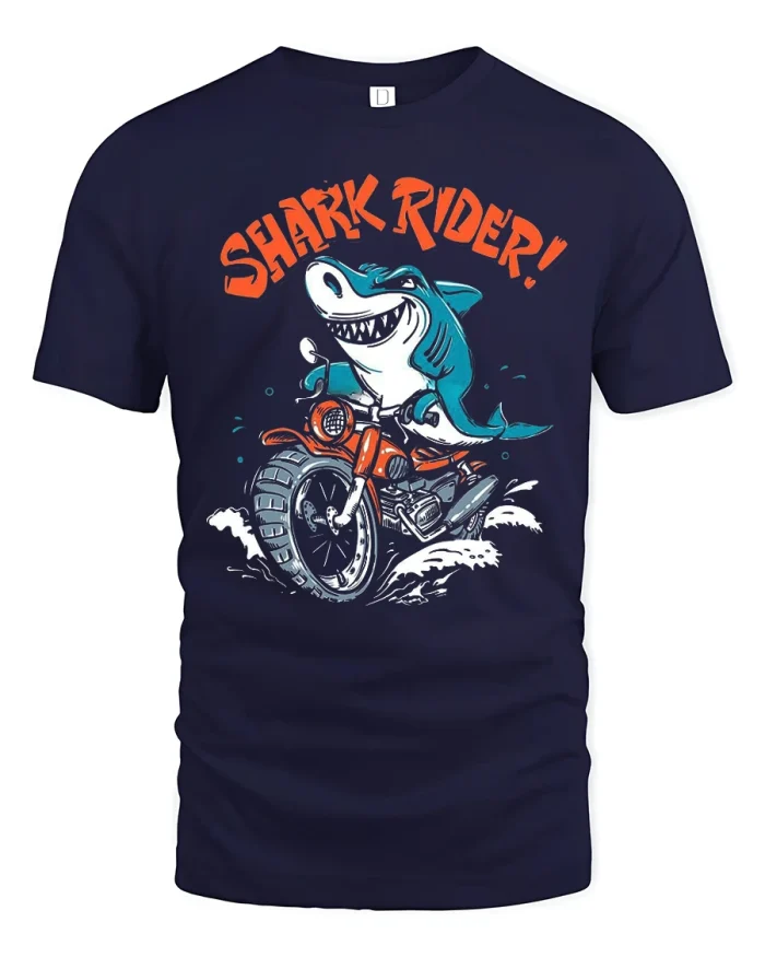Shark Rider Motorcycle Fun Cartoon Graphic Ocean Biker TShirt Tee - navy t-shirt on white background