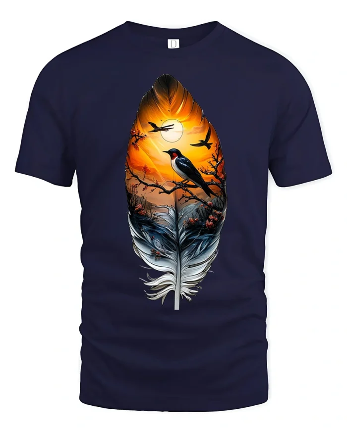 Sunset Feather Bird Scene Artistic Nature Inspired Graphic TShirt - navy t-shirt on white background