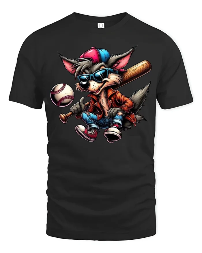 Cool Fox Baseball T Shirt Cartoon Street Art Graphic Tee - black t-shirt on white background