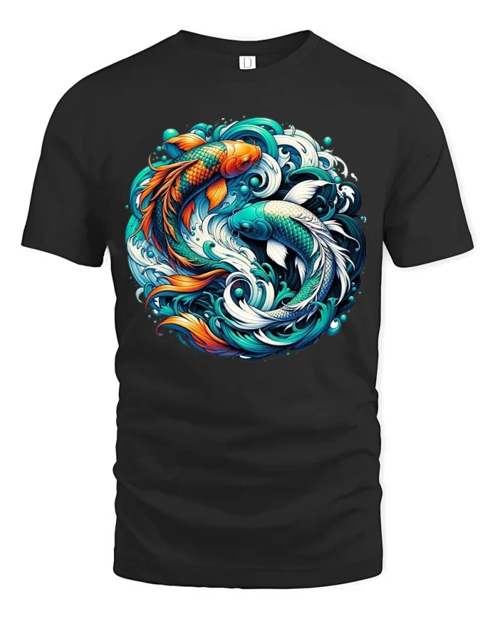 Yin Yang Koi Fish Art T Shirt Japanese Wave Graphic Tee - black t-shirt on white background