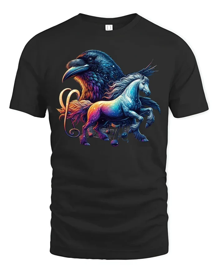 Mystic Raven and Unicorn Art T Shirt Fantasy Graphic Tee - black t-shirt on white background