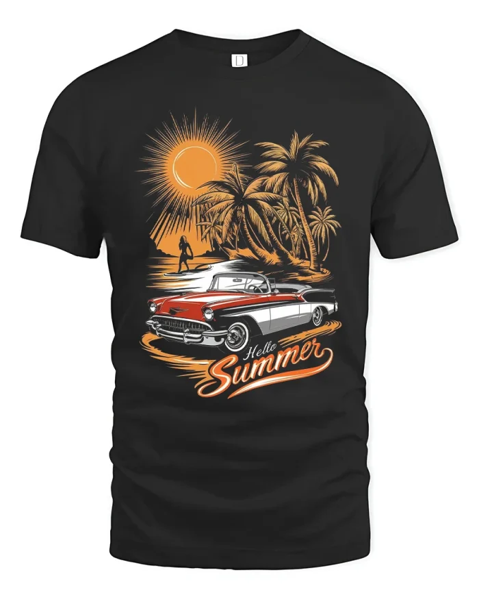 Hello Summer Vintage Car Beach Sunset Art T Shirt Retro Tee - black t-shirt on white background