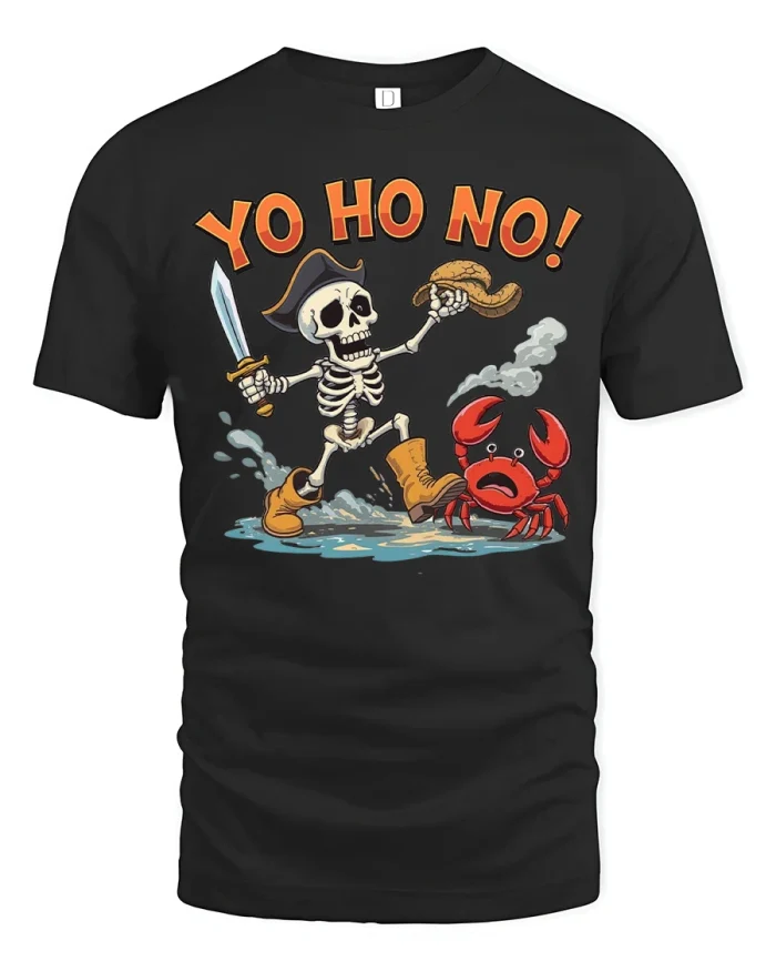 Funny Pirate Skeleton Yo Ho No Art T Shirt Cartoon Graphic Tee - black t-shirt on white background