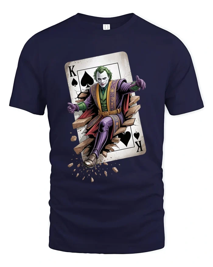 Dark Joker King Card Art T Shirt Villain Graphic Street Tee - navy t-shirt on white background