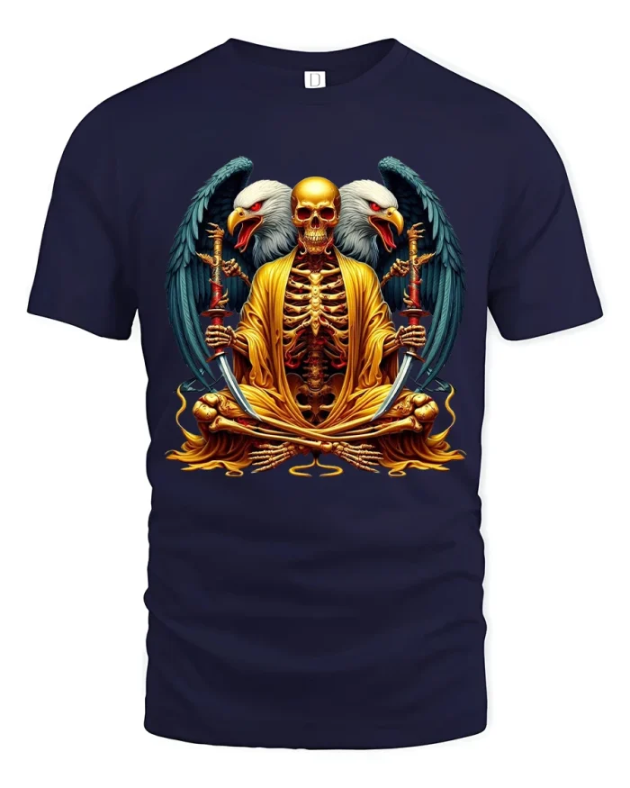 Golden Skull Monk Eagle Art T Shirt Dark Fantasy Graphic Tee - navy t-shirt on white background