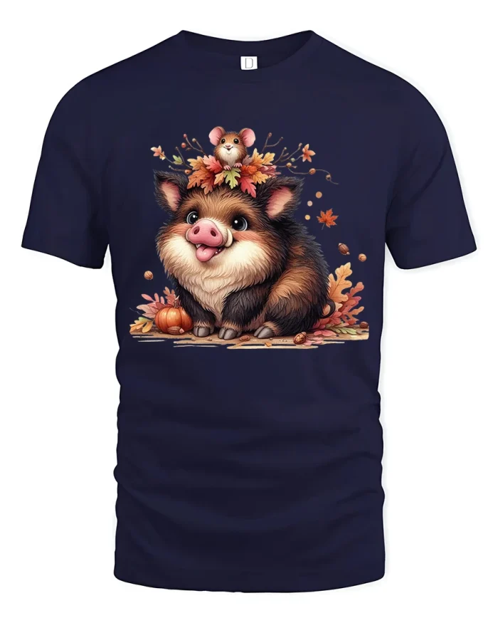 Cute Autumn Pig And Mouse Art T Shirt Cozy Fall Graphic Tee - navy t-shirt on white background