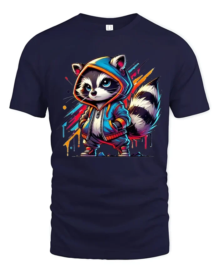 Cool Raccoon Street Art T Shirt Urban Cartoon Graphic Tee - navy t-shirt on white background