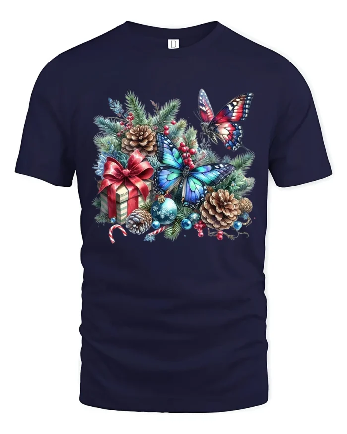 Christmas Butterfly Pine Decor Art T Shirt Festive Graphic Tee - navy t-shirt on white background