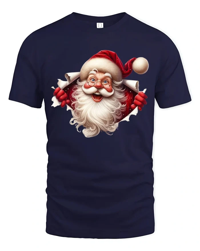 Funny Santa Popping Out Christmas Art T Shirt Holiday Tee - navy t-shirt on white background