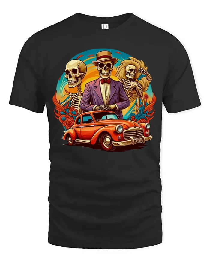 Vintage Skeleton Gang Classic Car Retro Art Graphic T Shirt Tee - black t-shirt on white background