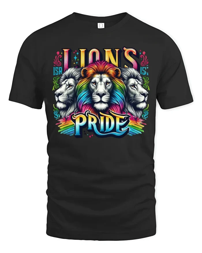 Lions Pride Rainbow Lion Strength Art Graphic T Shirt Tee - black t-shirt on white background