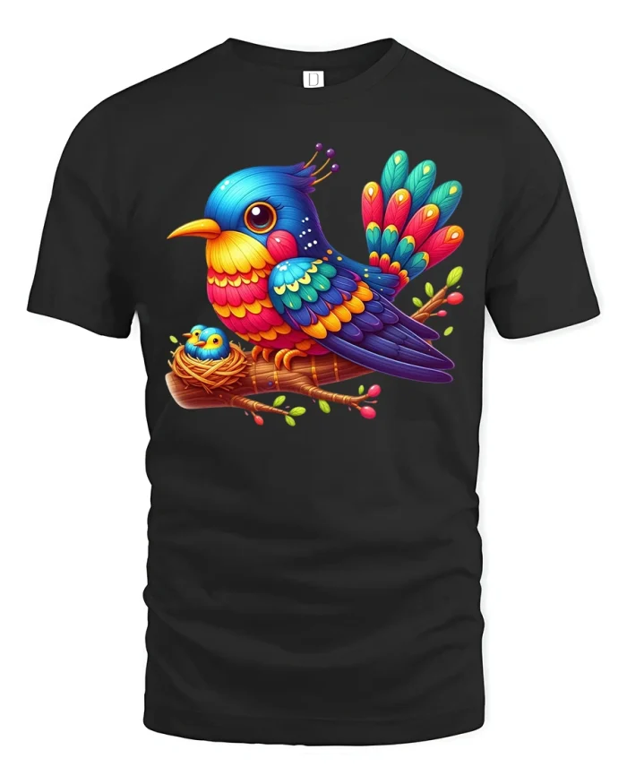 Colorful Cute Bird Art Graphic T Shirt Nature Inspired Tee - black t-shirt on white background