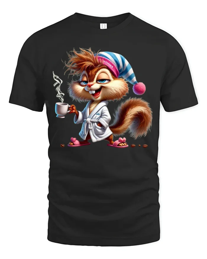 Funny Sleepy Squirrel Coffee Morning Graphic T Shirt Tee - black t-shirt on white background