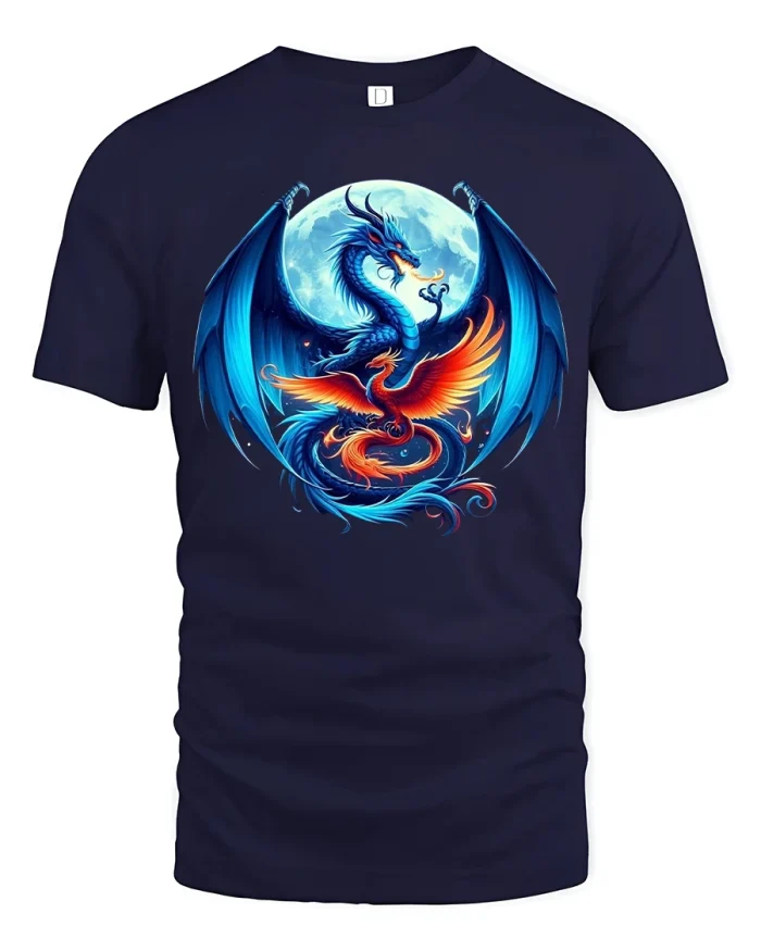 Epic Dragon And Phoenix Moon Fantasy Graphic T Shirt Tee - navy t-shirt on white background