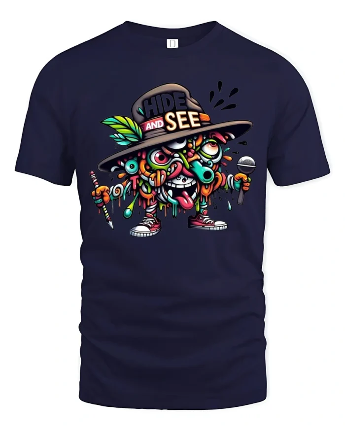Hide And See Graffiti Cartoon Street Art Graphic T Shirt Tee - navy t-shirt on white background