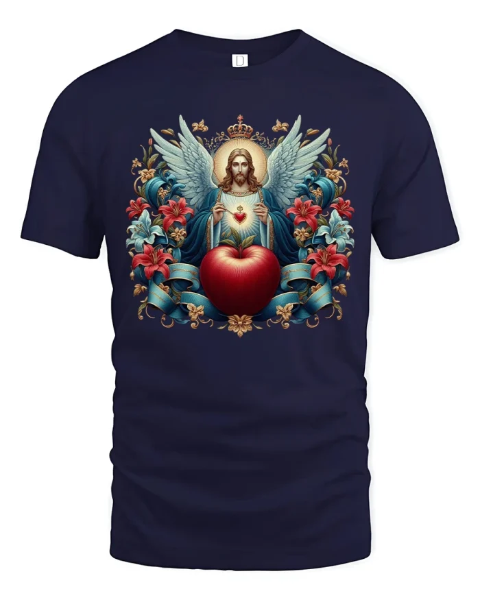 Sacred Heart Jesus Angelic Art Faith Graphic T Shirt Tee - navy t-shirt on white background