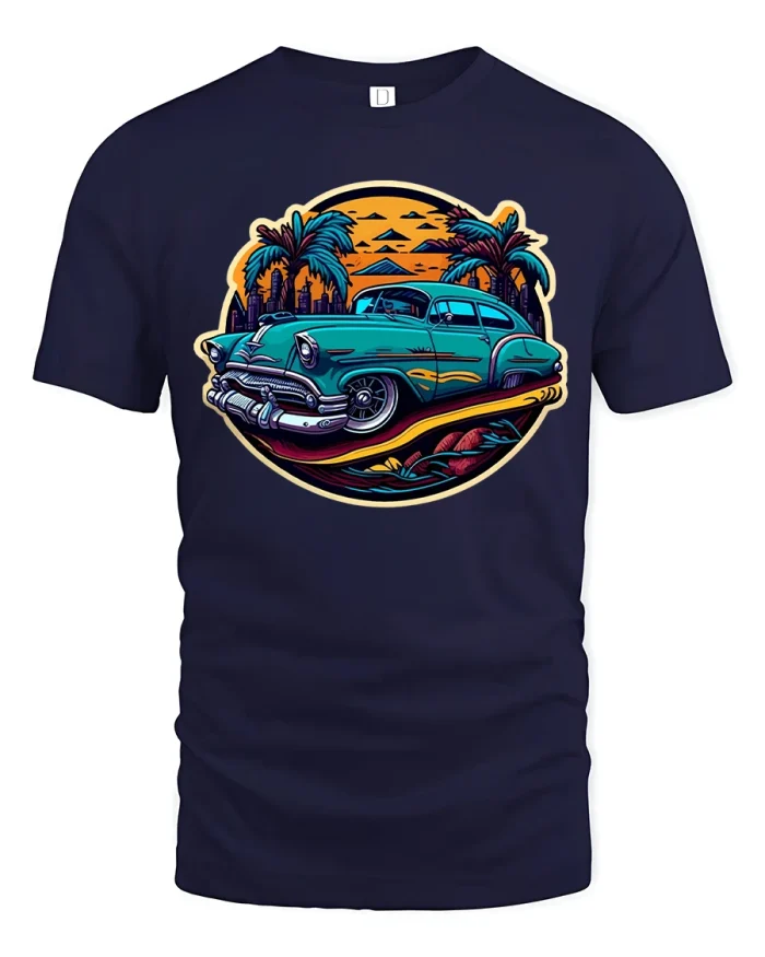 Retro Classic Car Sunset Palm Art Graphic T Shirt Tee - navy t-shirt on white background