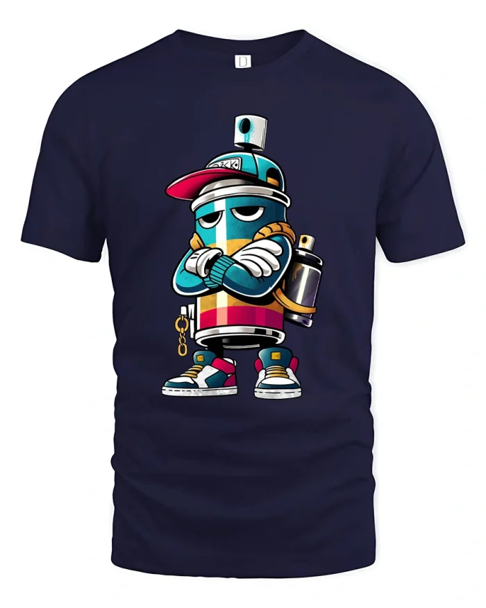 Cool Graffiti Spray Can Character Street Art Graphic Tshirt - navy t-shirt on white background