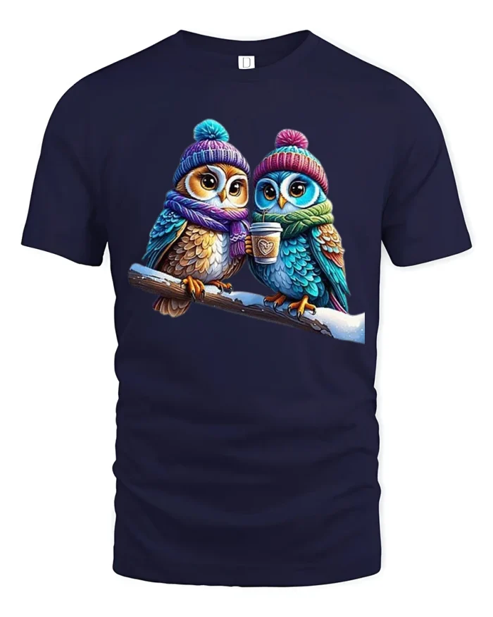 Cute Winter Owls Sharing Coffee Cozy Cartoon Art Tshirt - navy t-shirt on white background
