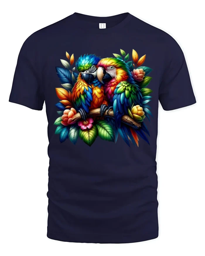 Vibrant Tropical Parrot Pair Colorful Nature Art Graphic Tshirt - navy t-shirt on white background