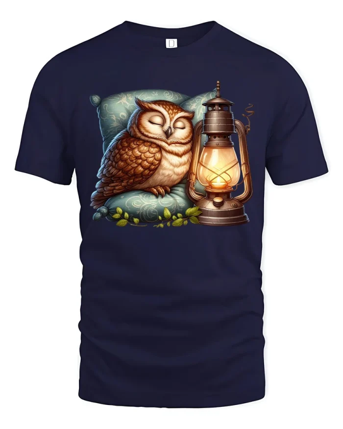 Peaceful Sleeping Owl Lantern Nighttime Cozy Art Graphic Tshirt - navy t-shirt on white background