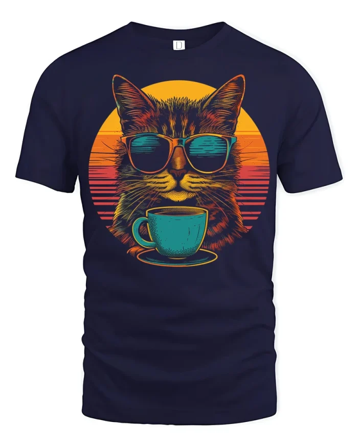 Cool Cat Coffee Sunglasses Retro Sunset Illustration Graphic Tee - navy t-shirt on white background
