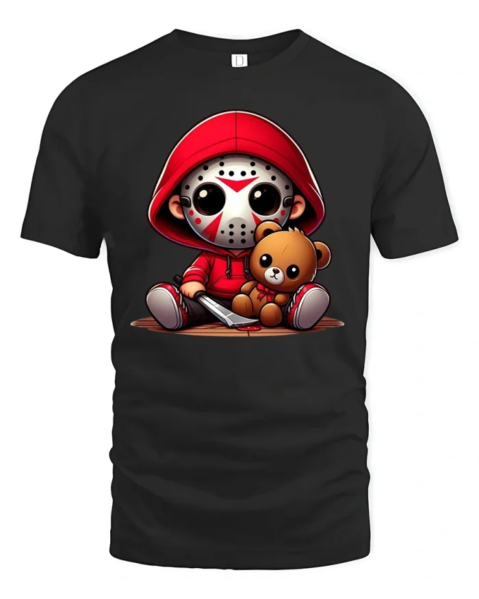 Cute Horror Mask Hoodie Doll Graphic Tee With Soft Cotton Feel - black t-shirt on white background