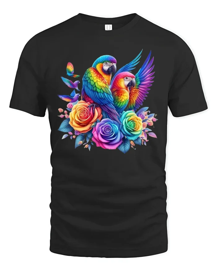 Colorful Parrot Floral Art Graphic Tee With Premium Soft Feel - black t-shirt on white background