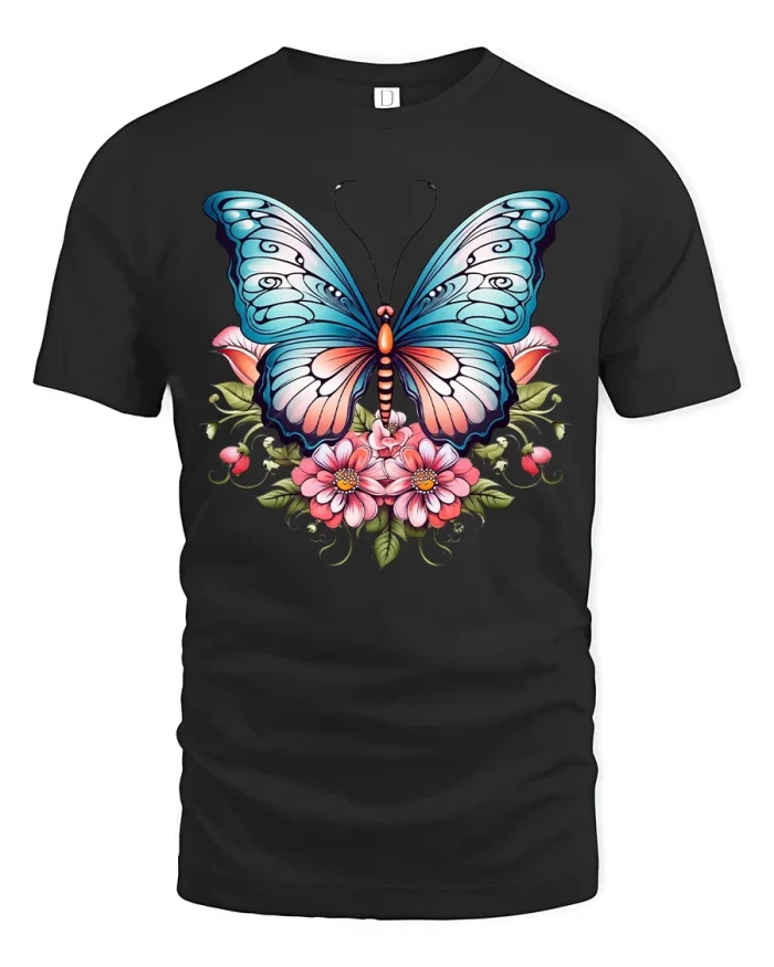 Elegant Butterfly Floral Art Graphic Tee With Soft Cotton Comfort - black t-shirt on white background